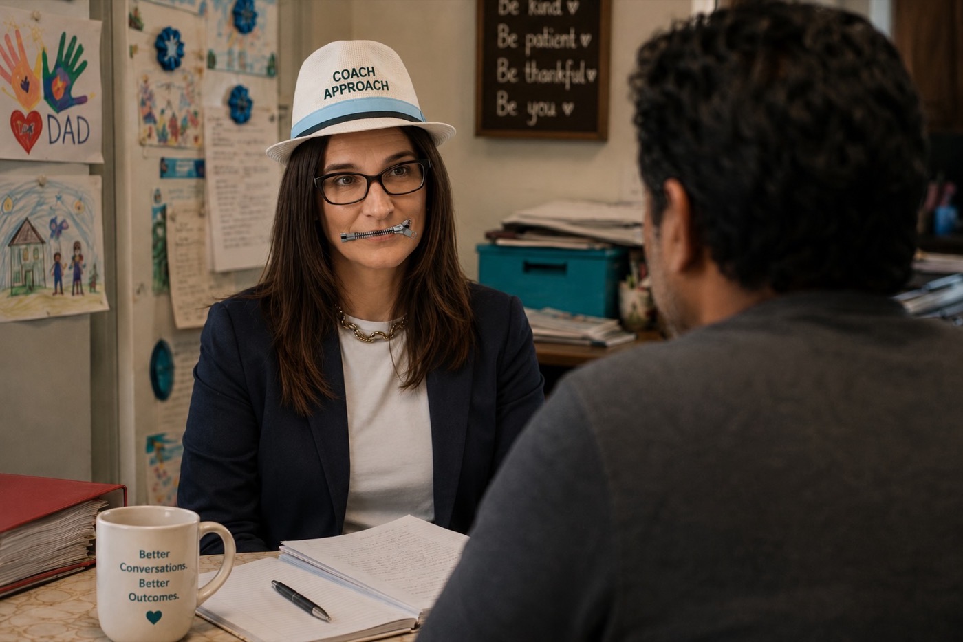 Healthcare professional wearing a Coach Approach hat while listening to a client.