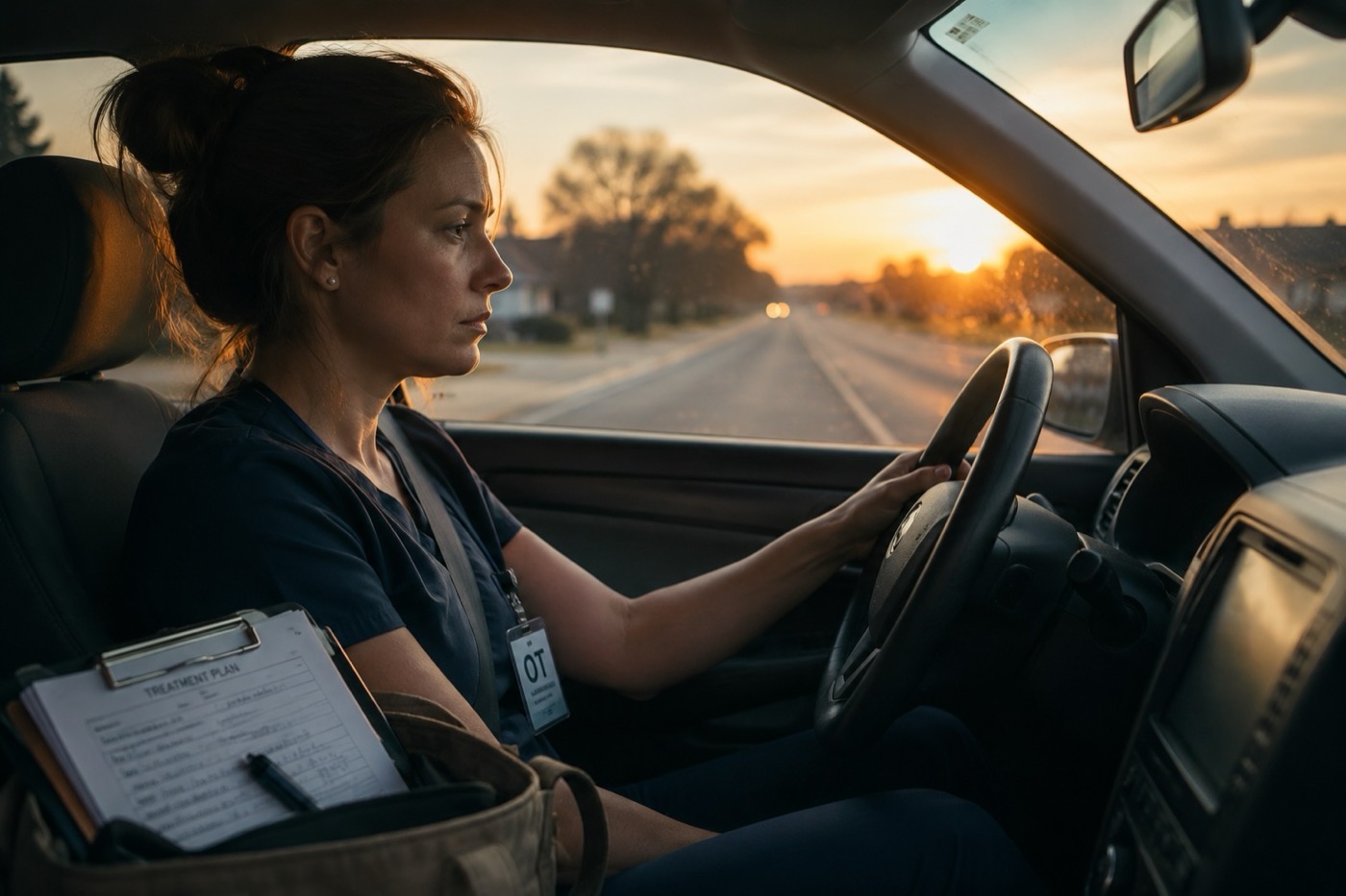Healthcare professional driving home at sunset after a difficult day of community client visits.