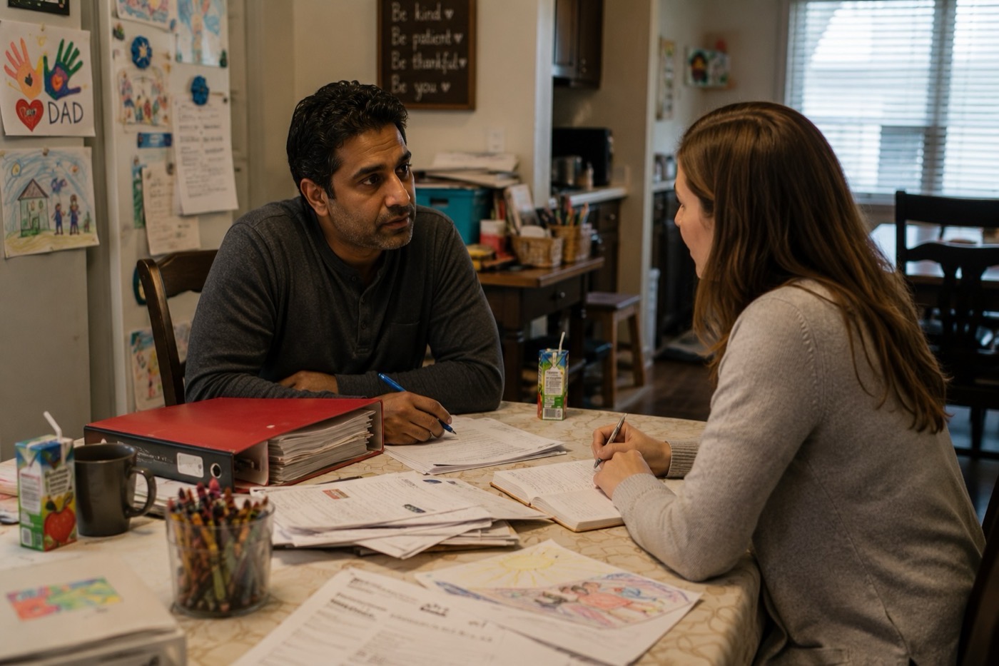 Healthcare professional meeting with a client at a table in a home setting.