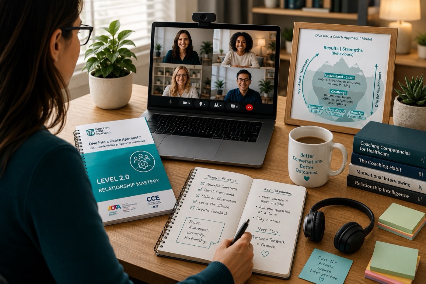 Healthcare professional participating in a live virtual Second Nature peer-coaching session with the program workbook open on the desk.
