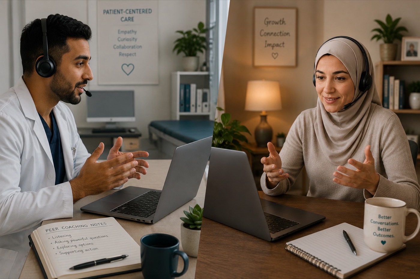 Two healthcare professionals practising peer coaching together during a live virtual Second Nature session.