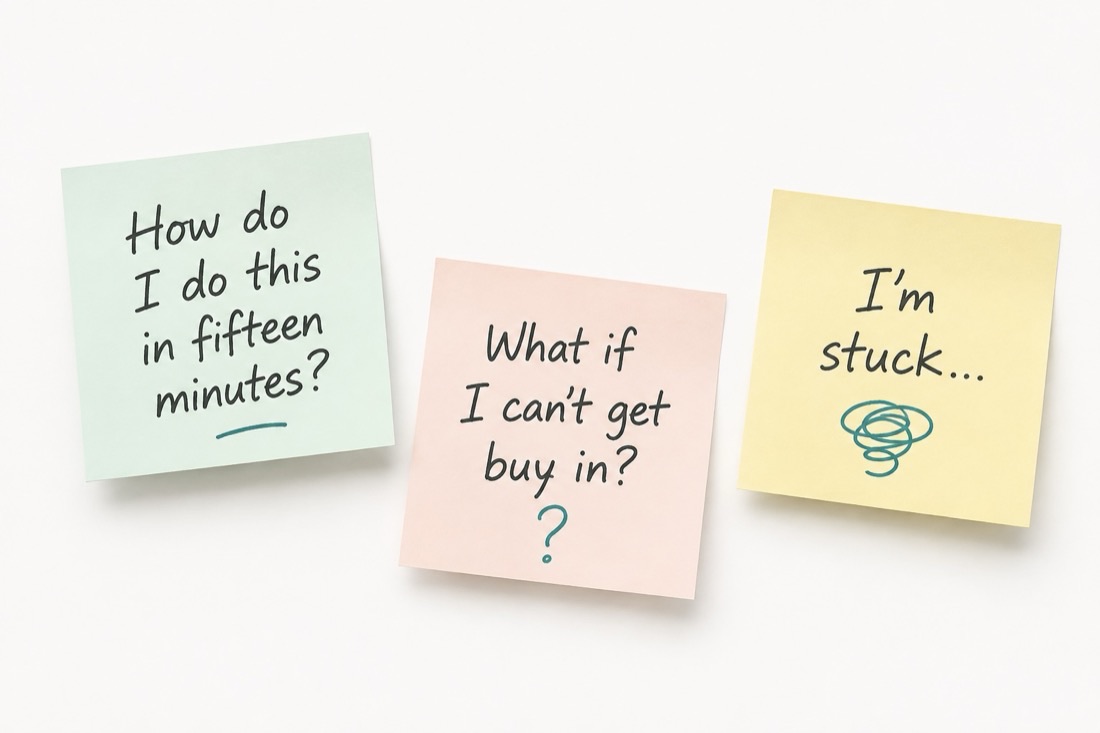 Three sticky notes showing common practice questions: how to use the Coach Approach in fifteen minutes, what to do without client buy-in, and feeling stuck.